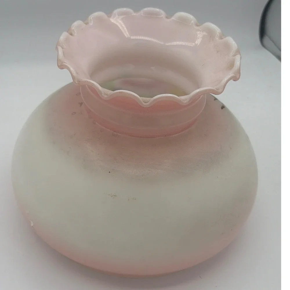 Vintage Pink Satin Glass Gone With The Wind Lamp Shade Hand Painted Rose Ruffled